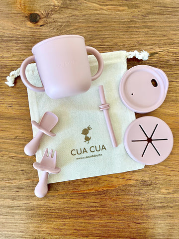 Gift bag de vasito y cubiertos en tono rosa claro